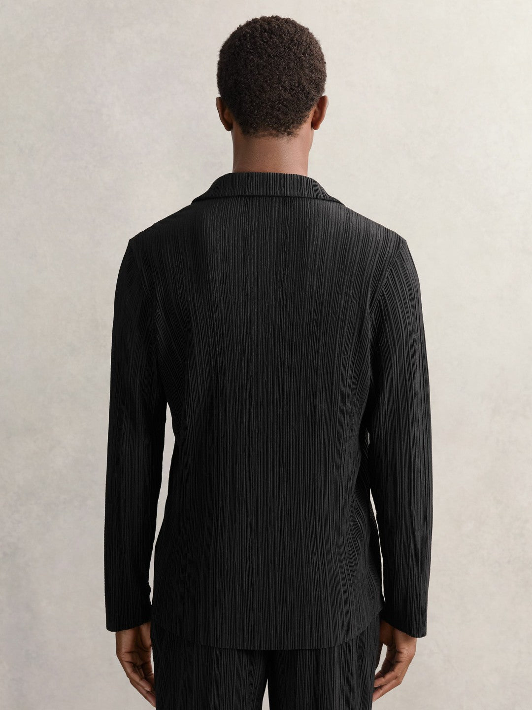 Reiss | Plissé Cuban-Collar Long-Sleeve Shirt in Black