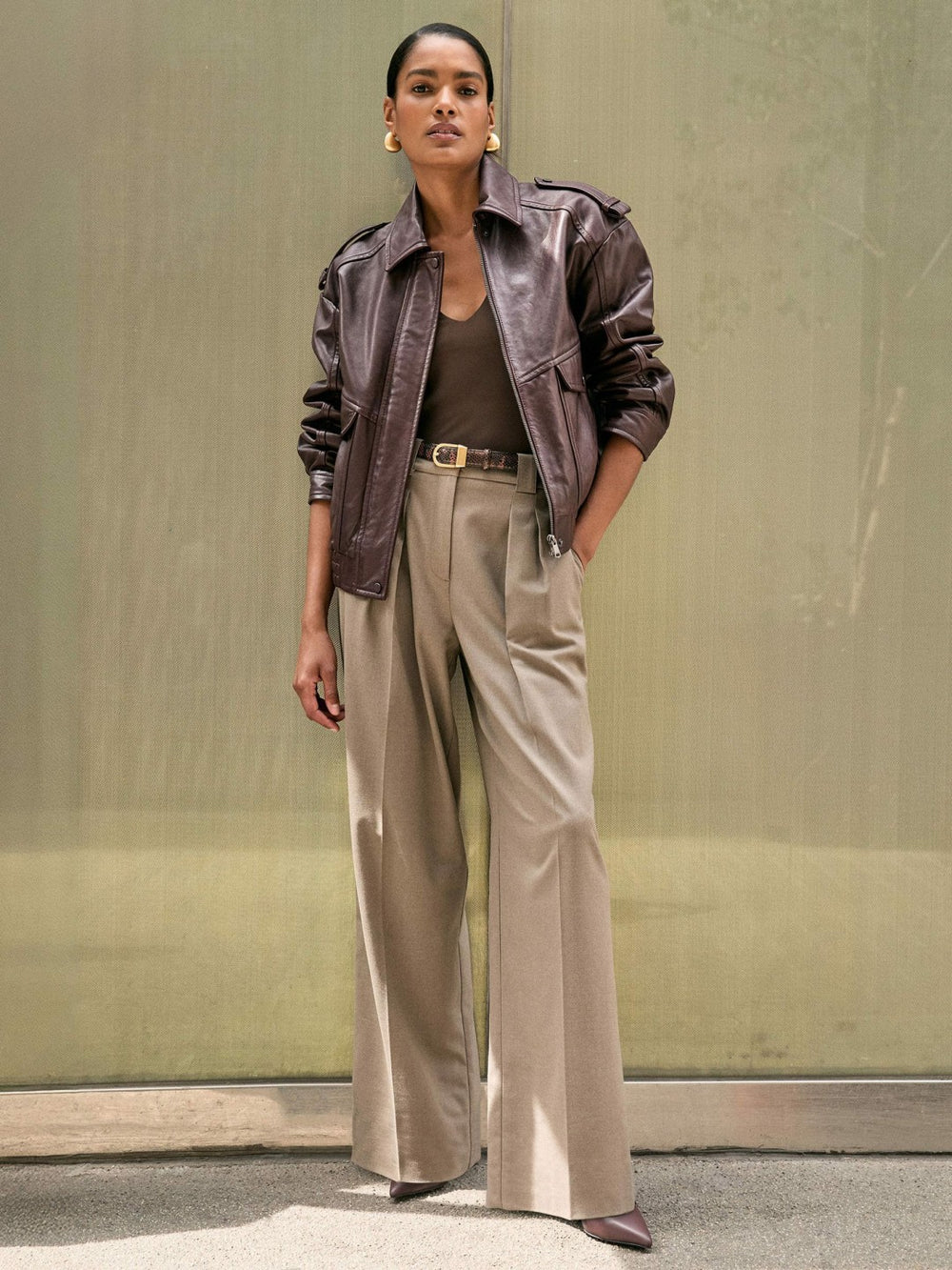 Reiss | Oversized Leather Jacket in Aubergine