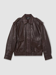 Reiss | Oversized Leather Jacket in Aubergine