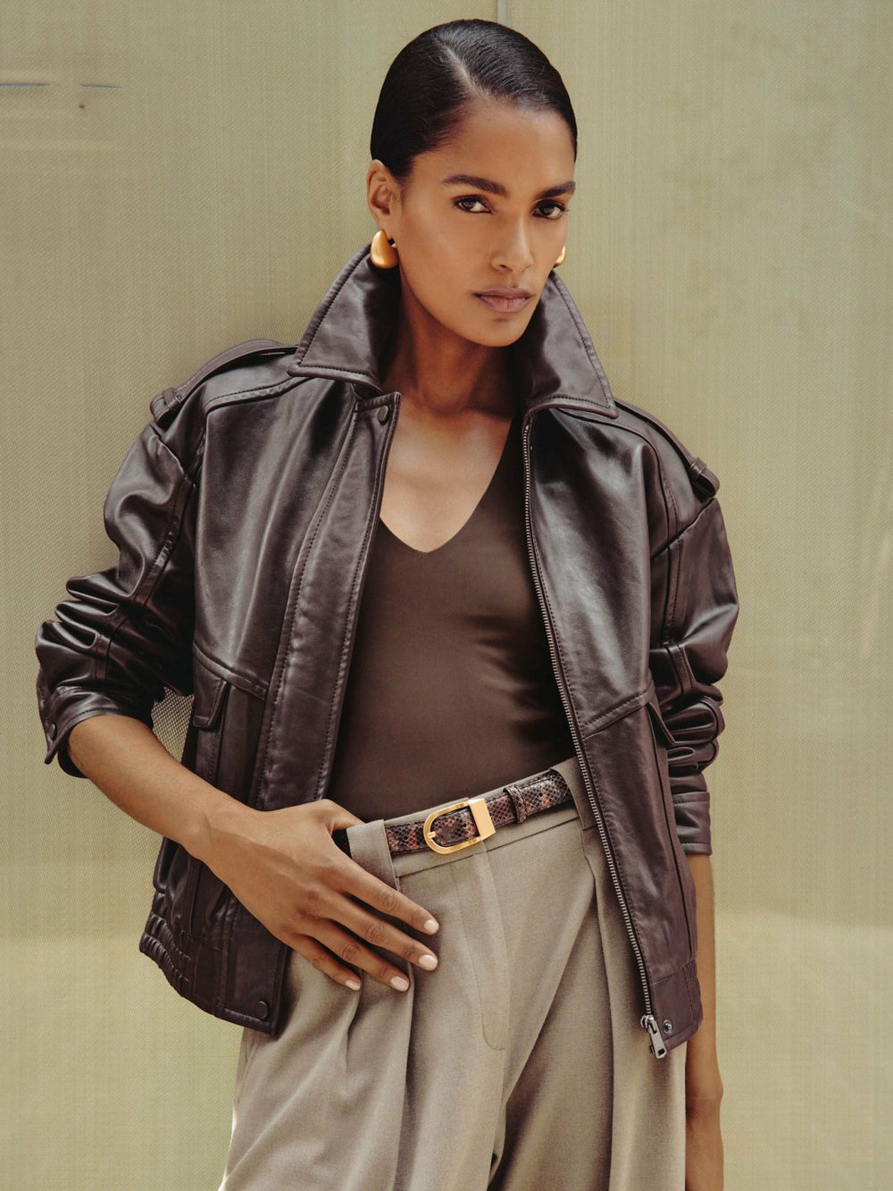 Reiss | Oversized Leather Jacket in Aubergine