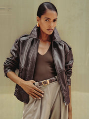 Reiss | Oversized Leather Jacket in Aubergine