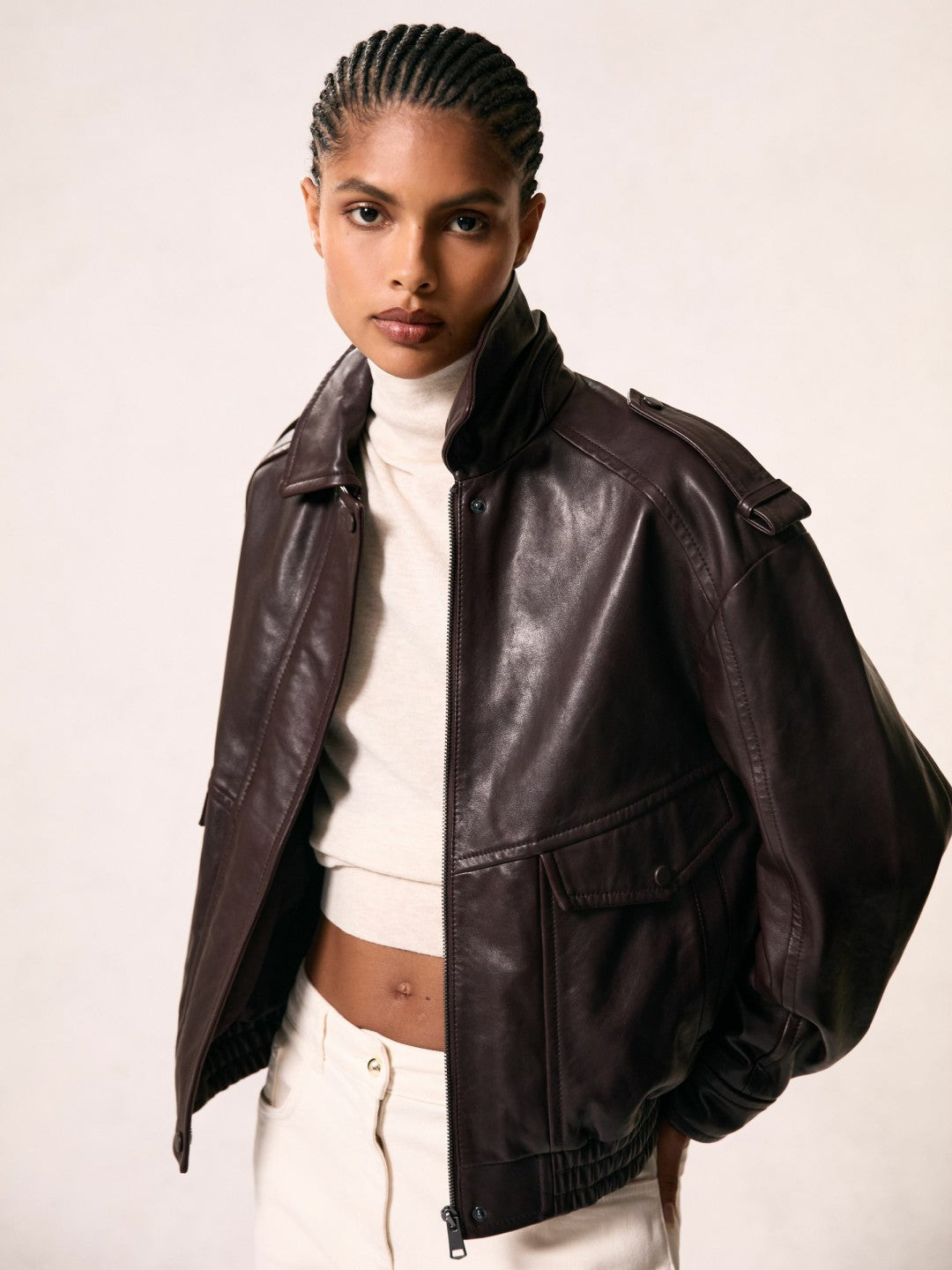 Reiss | Oversized Leather Jacket in Aubergine