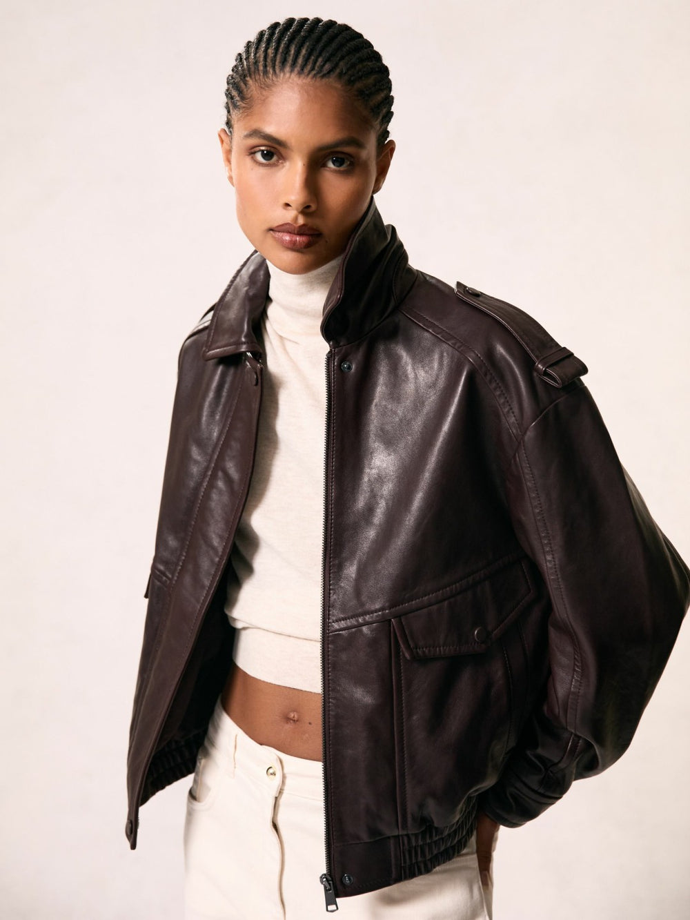 Reiss | Oversized Leather Jacket in Aubergine