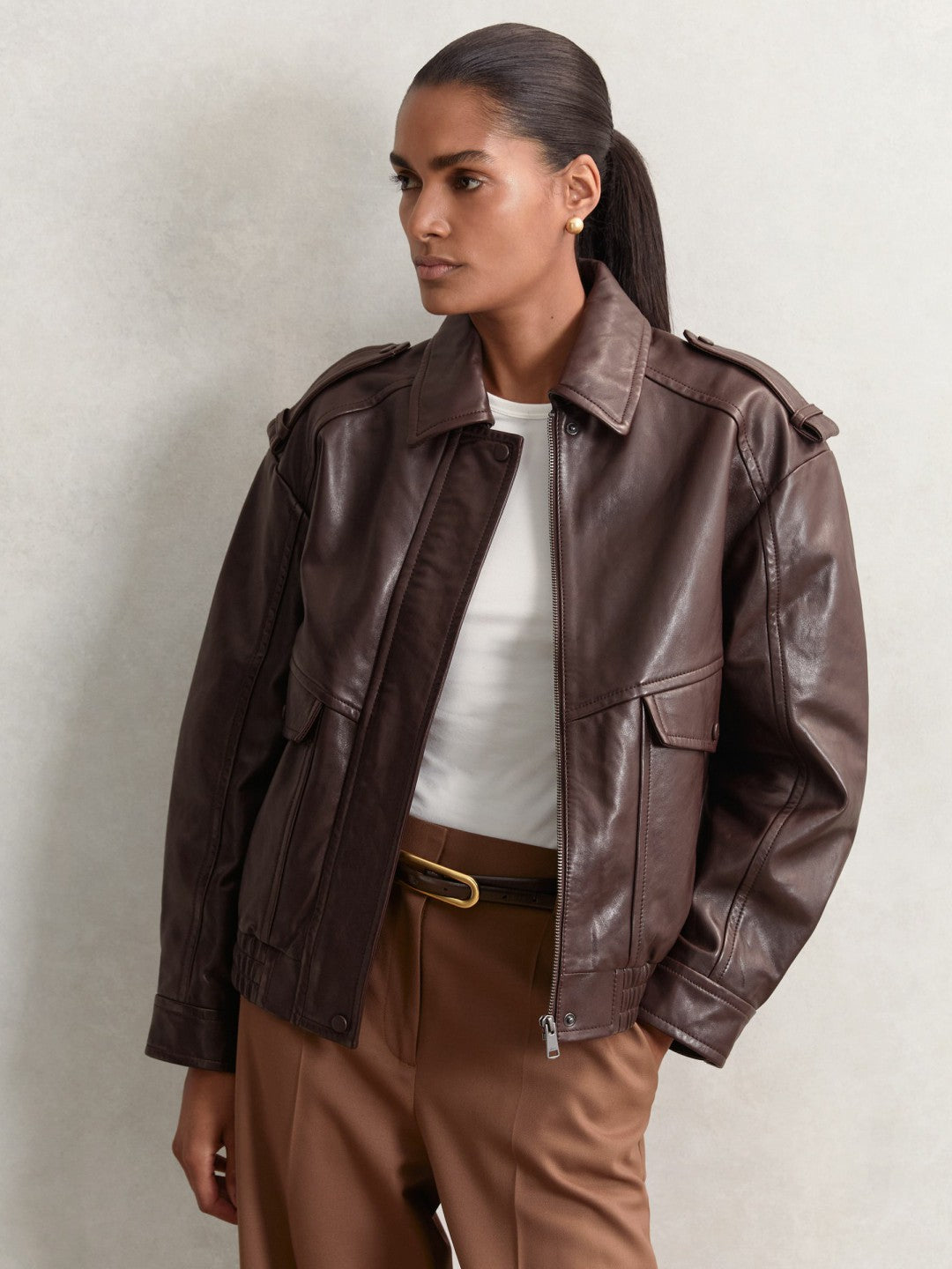 Reiss | Oversized Leather Jacket in Aubergine