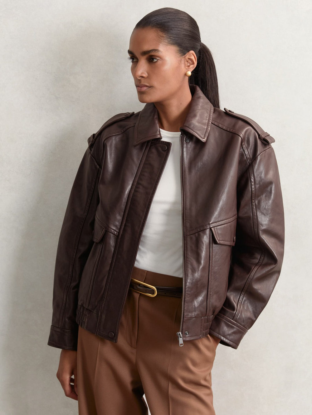 Reiss | Oversized Leather Jacket in Aubergine