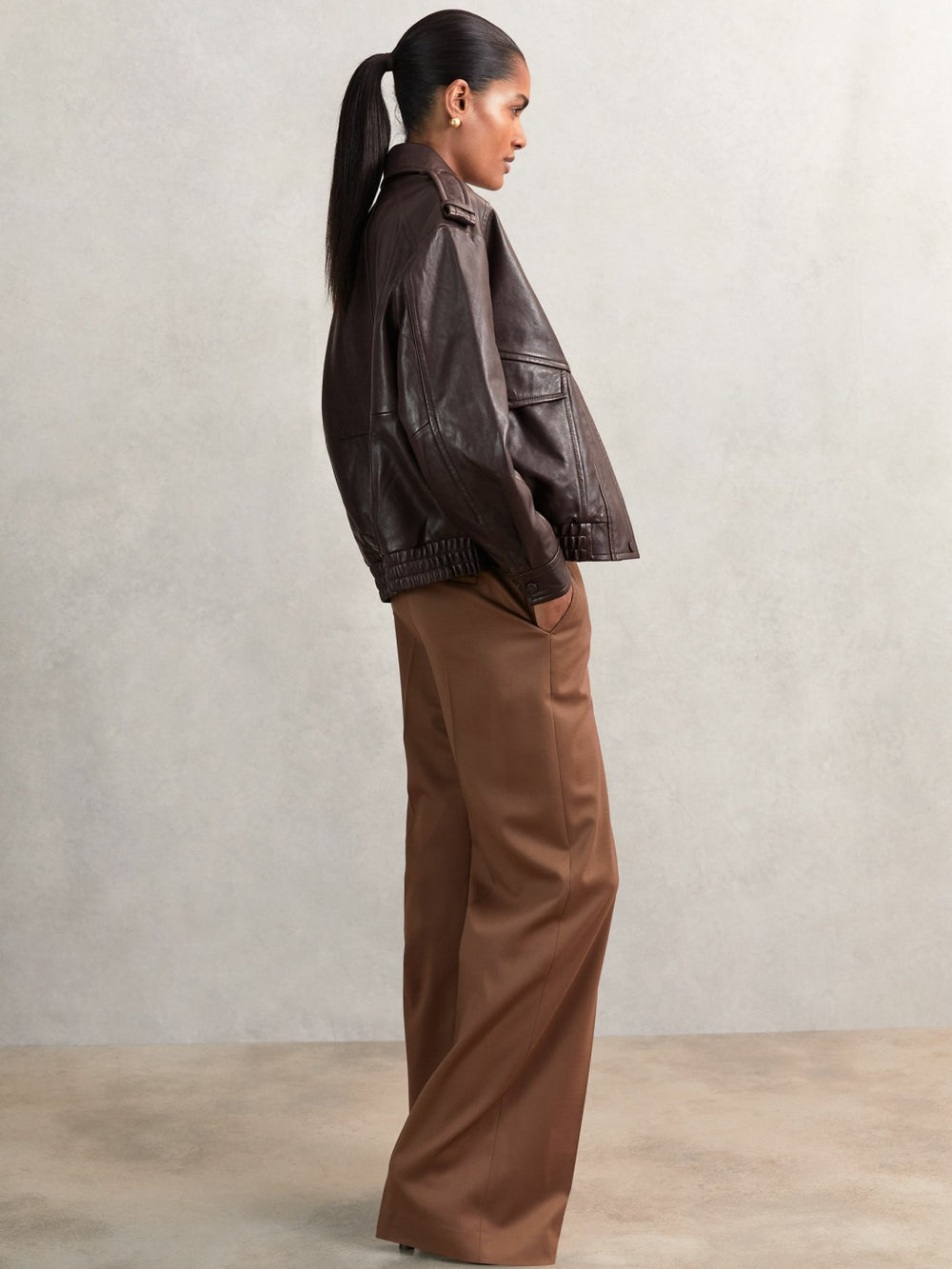 Reiss | Oversized Leather Jacket in Aubergine