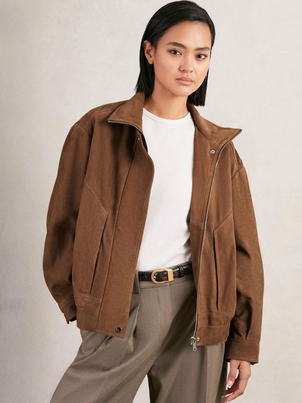 Reiss | Suede Funnel-Neck Bomber Jacket in Tan