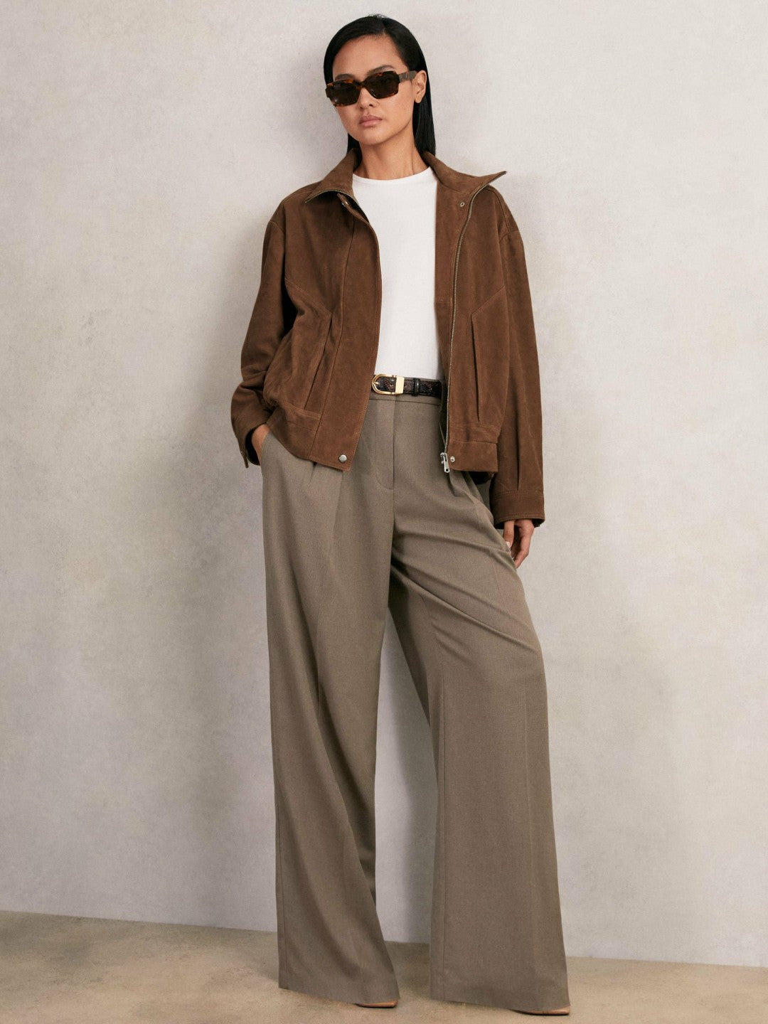 Reiss | Suede Funnel-Neck Bomber Jacket in Tan