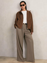 Reiss | Suede Funnel-Neck Bomber Jacket in Tan