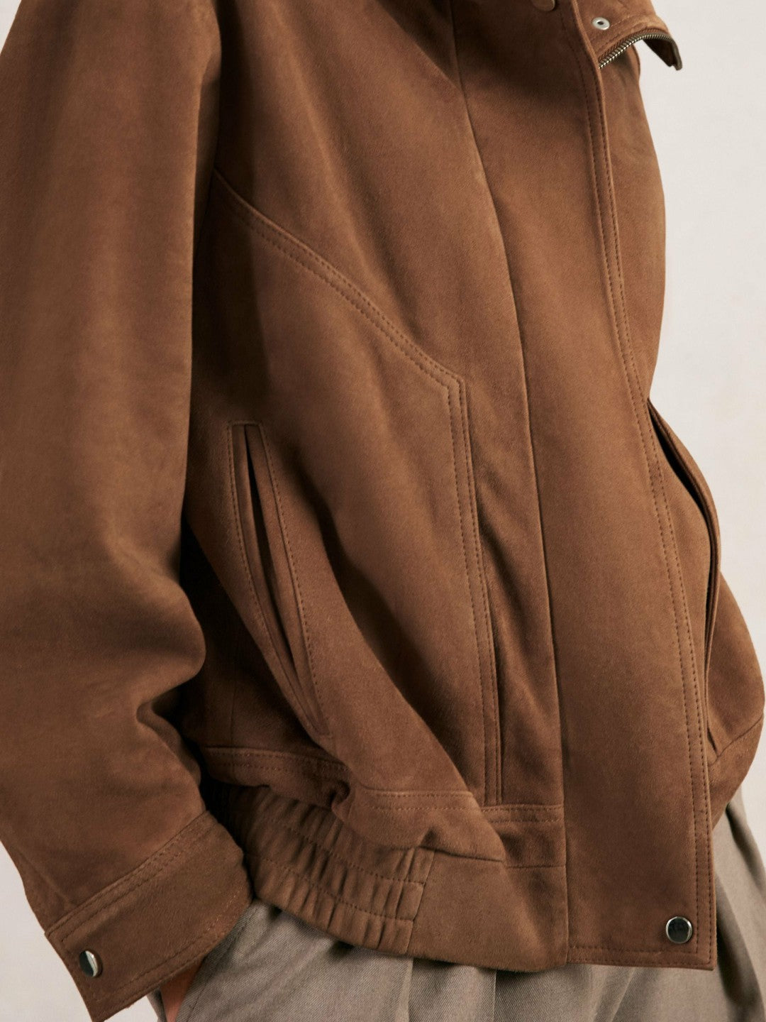 Reiss | Suede Funnel-Neck Bomber Jacket in Tan