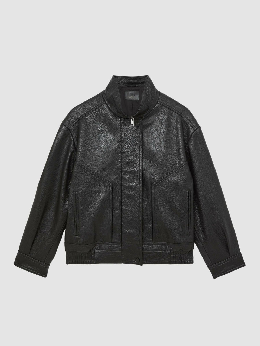 Reiss | Oversize Grained-Leather Bomber Jacket in Black