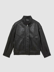 Reiss | Oversize Grained-Leather Bomber Jacket in Black