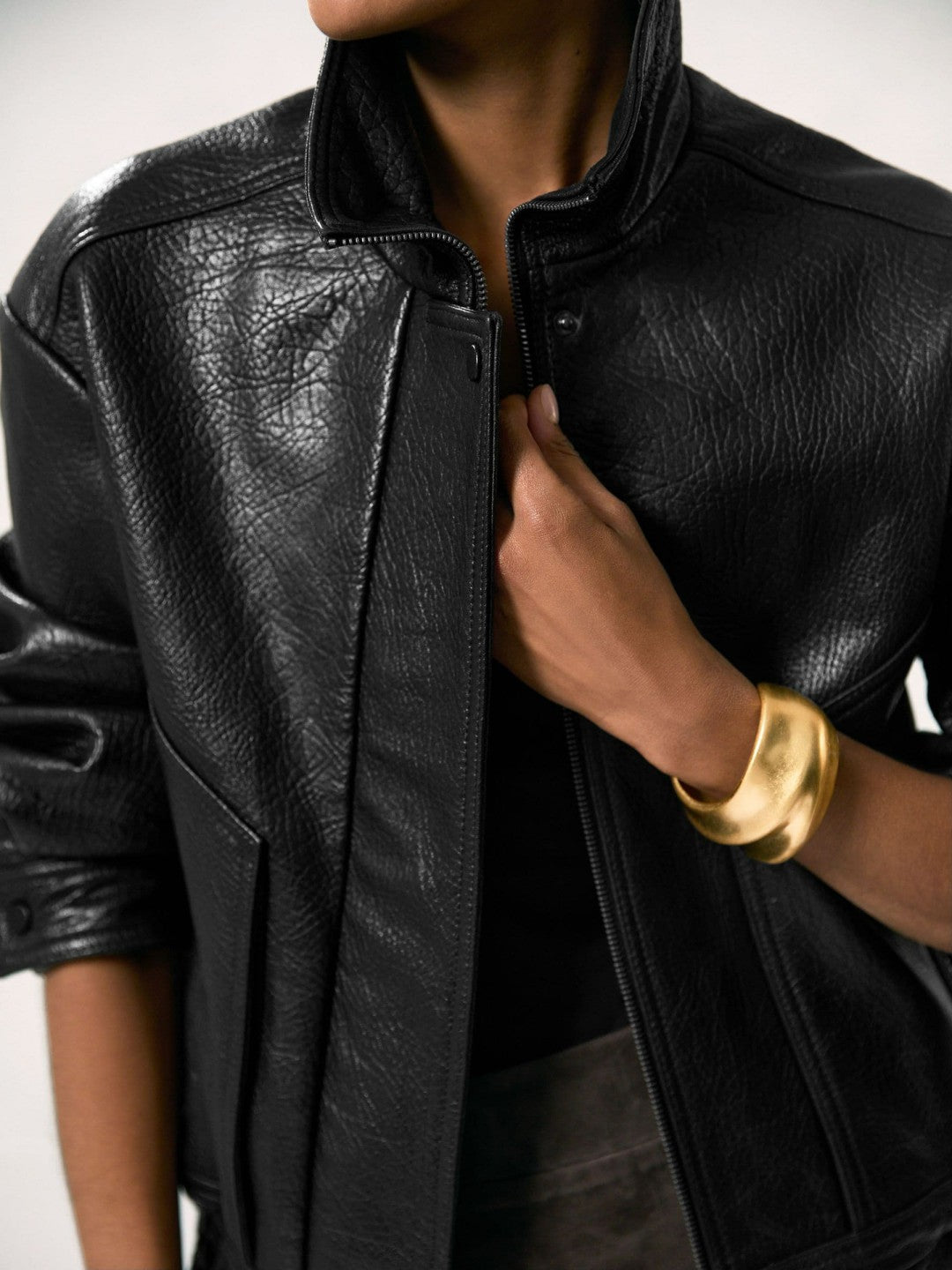 Reiss | Oversize Grained-Leather Bomber Jacket in Black