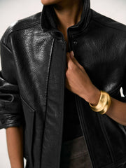 Reiss | Oversize Grained-Leather Bomber Jacket in Black