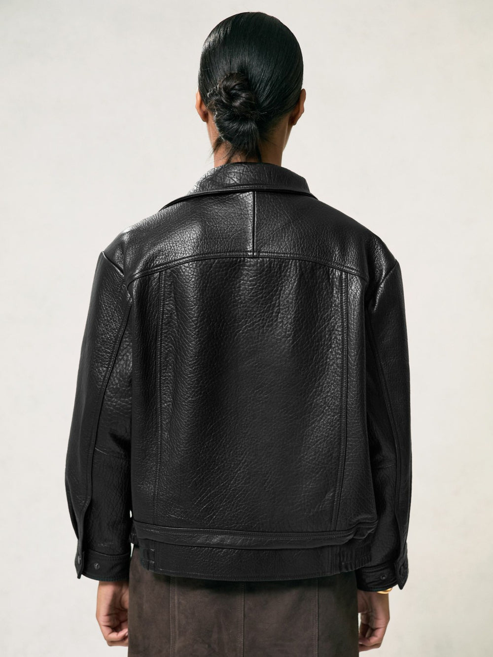 Reiss | Oversize Grained-Leather Bomber Jacket in Black