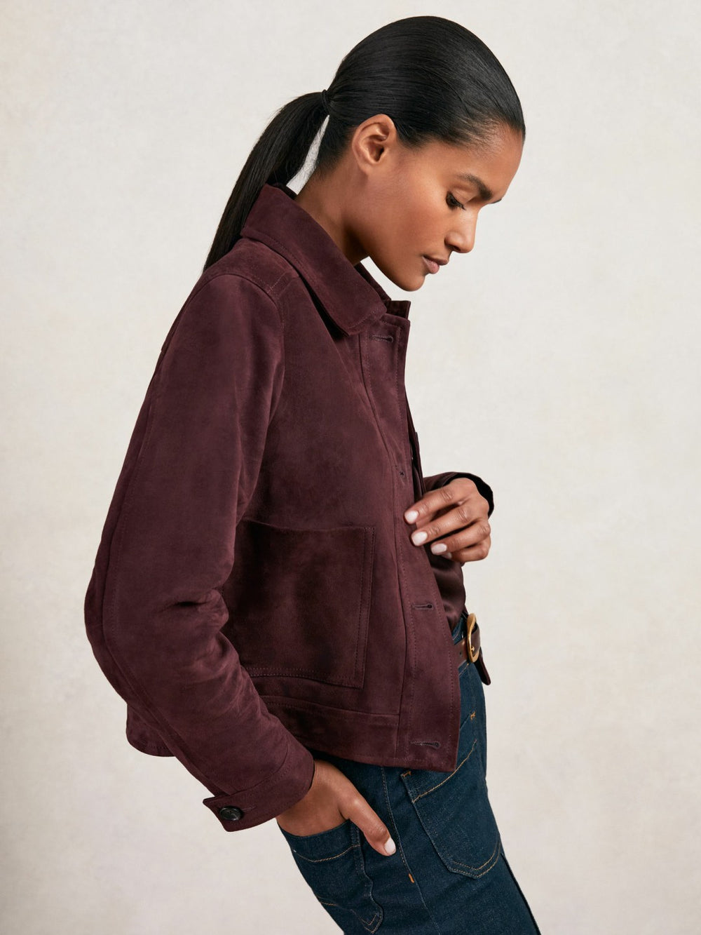 Reiss | Suede Button Through Jacket in Burgundy