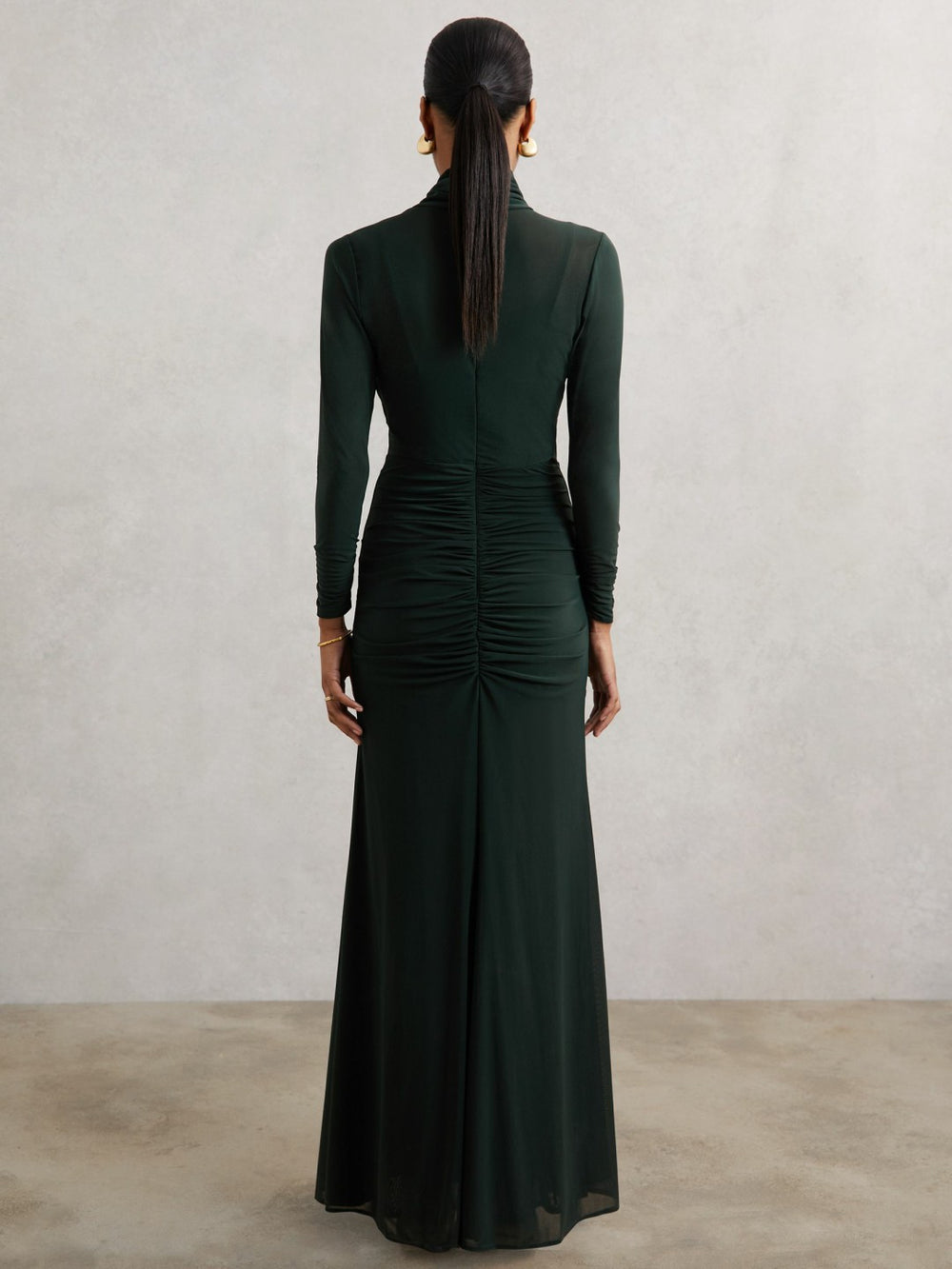 Reiss | Petite Ruched Long-Sleeve Maxi Dress in Dark Green