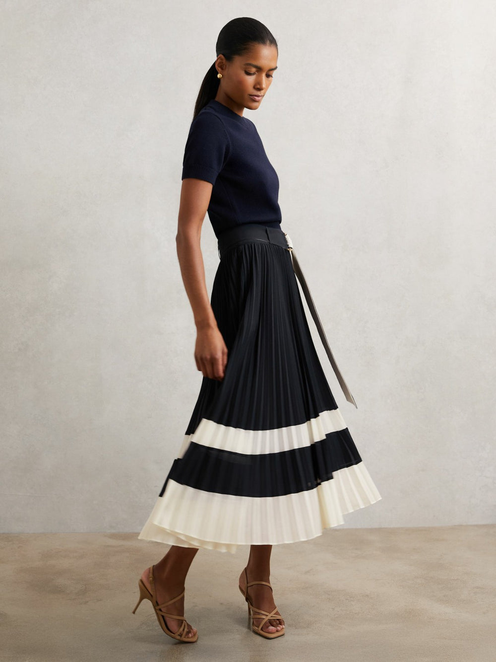 Reiss | Belted Pleated Midi Skirt in Navy/Ivory
