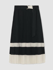 Reiss | Belted Pleated Midi Skirt in Navy/Ivory