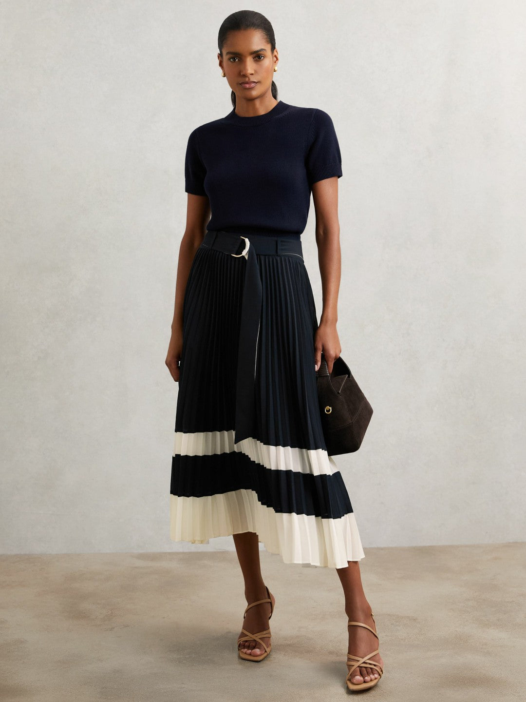 Reiss | Belted Pleated Midi Skirt in Navy/Ivory