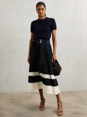 Reiss | Belted Pleated Midi Skirt in Navy/Ivory