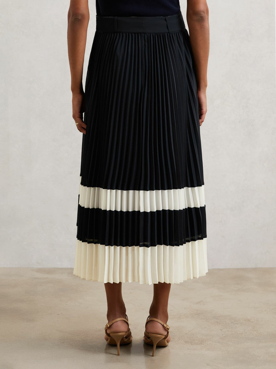 Reiss | Belted Pleated Midi Skirt in Navy/Ivory
