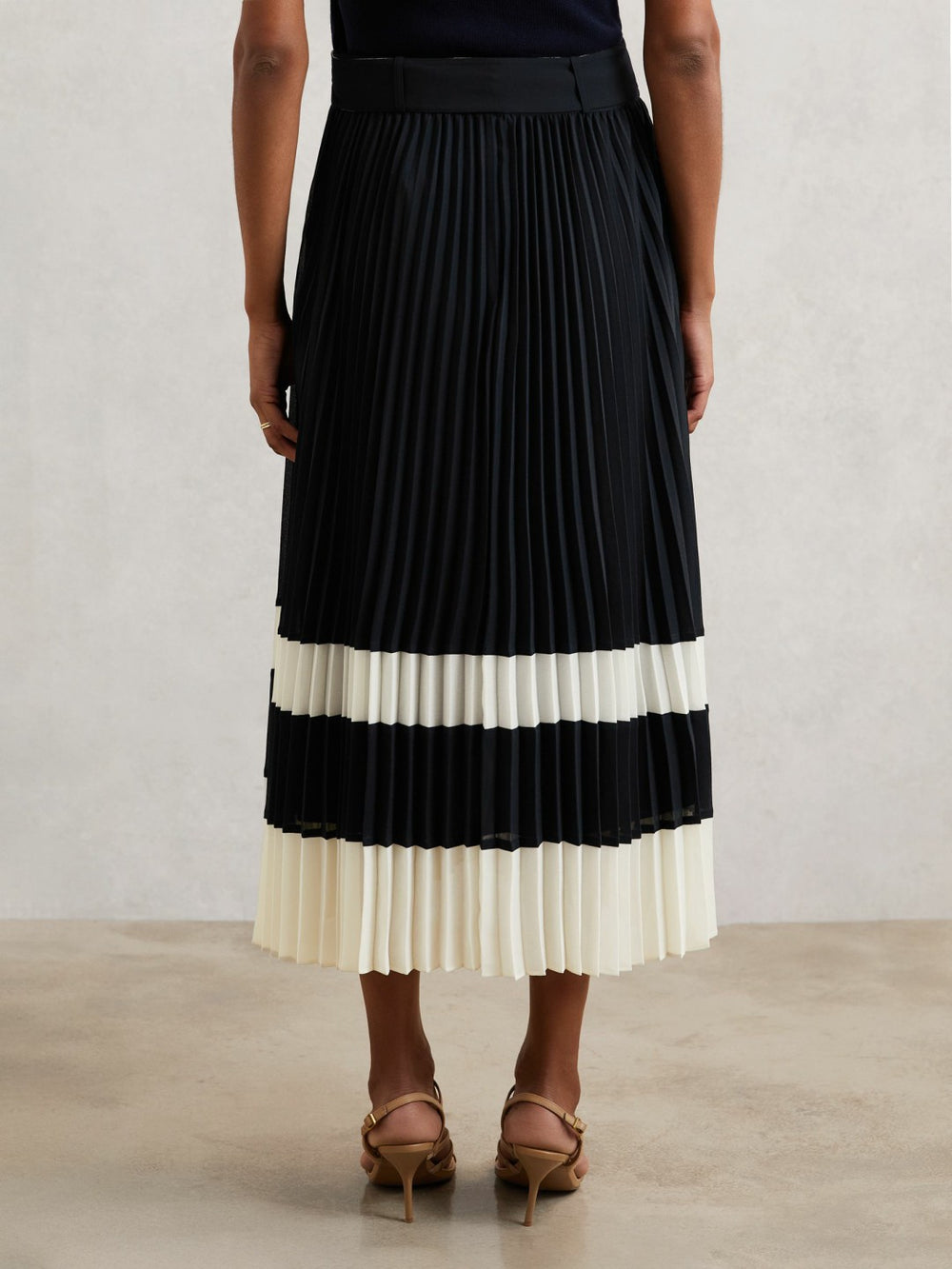 Reiss | Belted Pleated Midi Skirt in Navy/Ivory