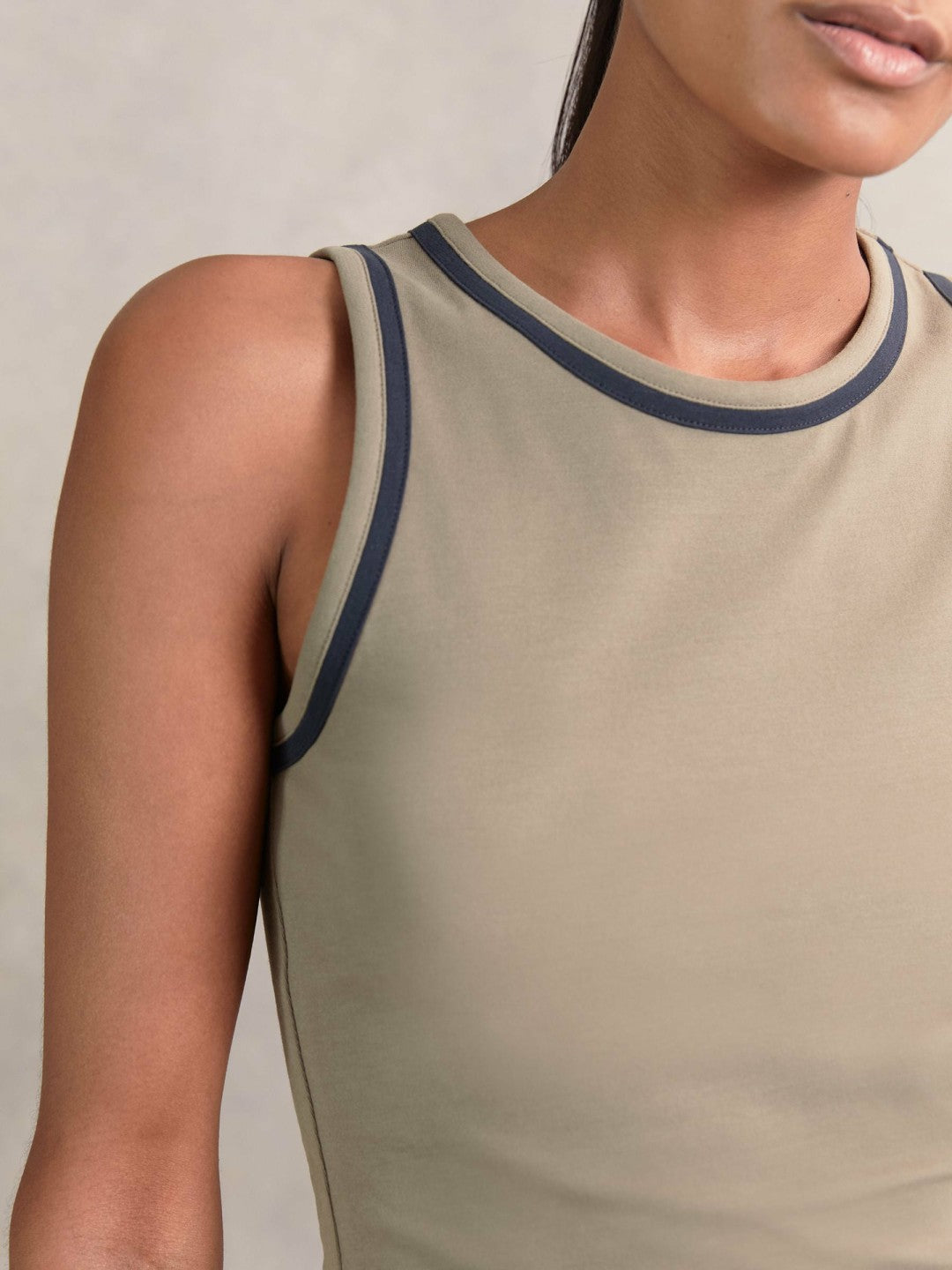 Reiss | Stretch-Cotton Jersey Tipped Vest in Khaki Green/Navy