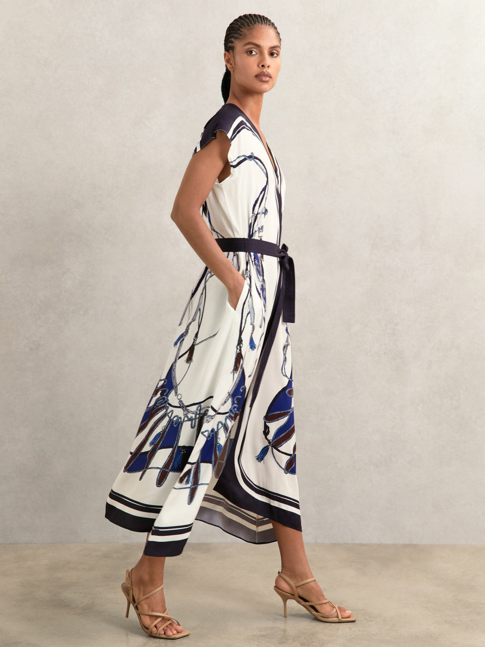 Reiss | Scarf-Print V-Neck Belted Midi Dress in Blue/Brown