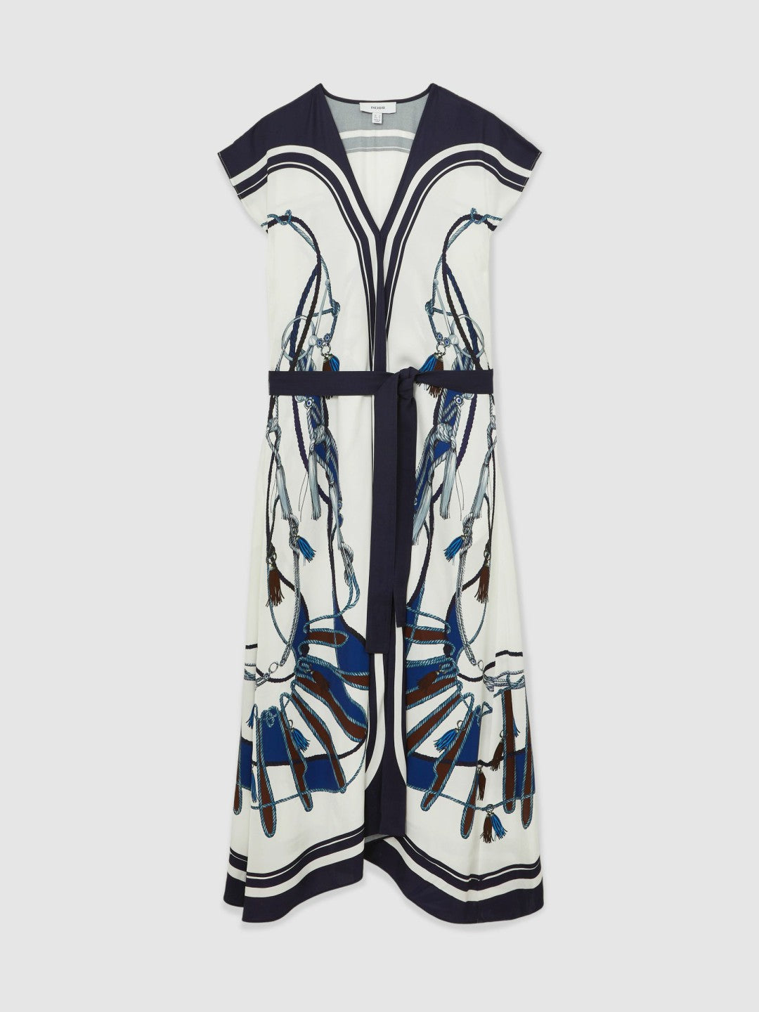 Reiss | Scarf-Print V-Neck Belted Midi Dress in Blue/Brown