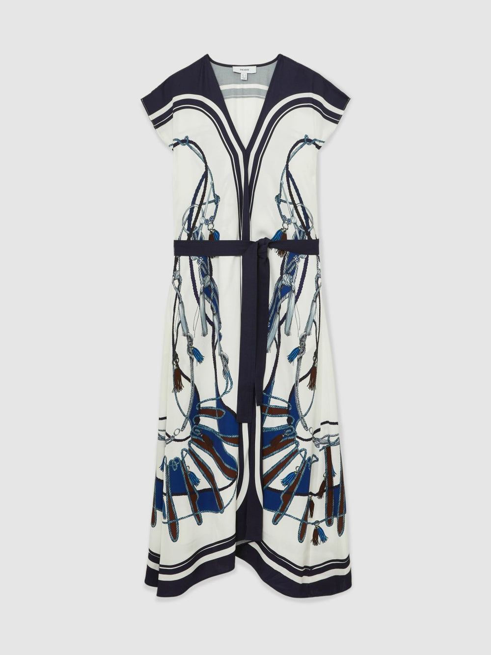 Reiss | Scarf-Print V-Neck Belted Midi Dress in Blue/Brown