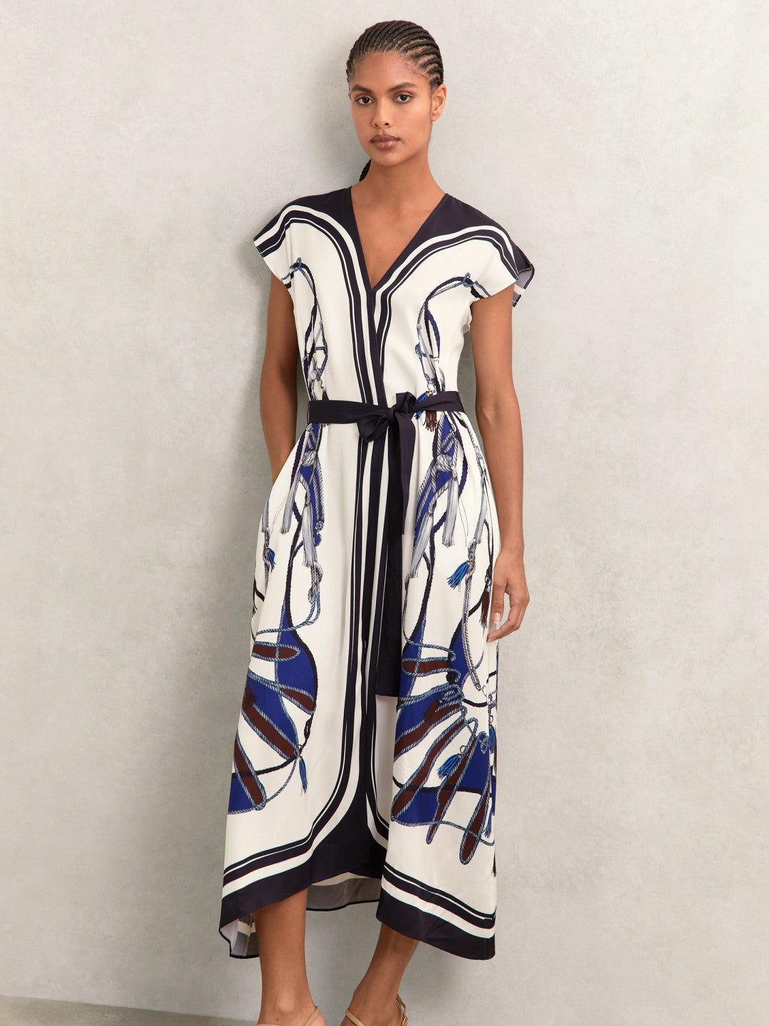 Reiss | Scarf-Print V-Neck Belted Midi Dress in Blue/Brown