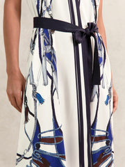 Reiss | Scarf-Print V-Neck Belted Midi Dress in Blue/Brown