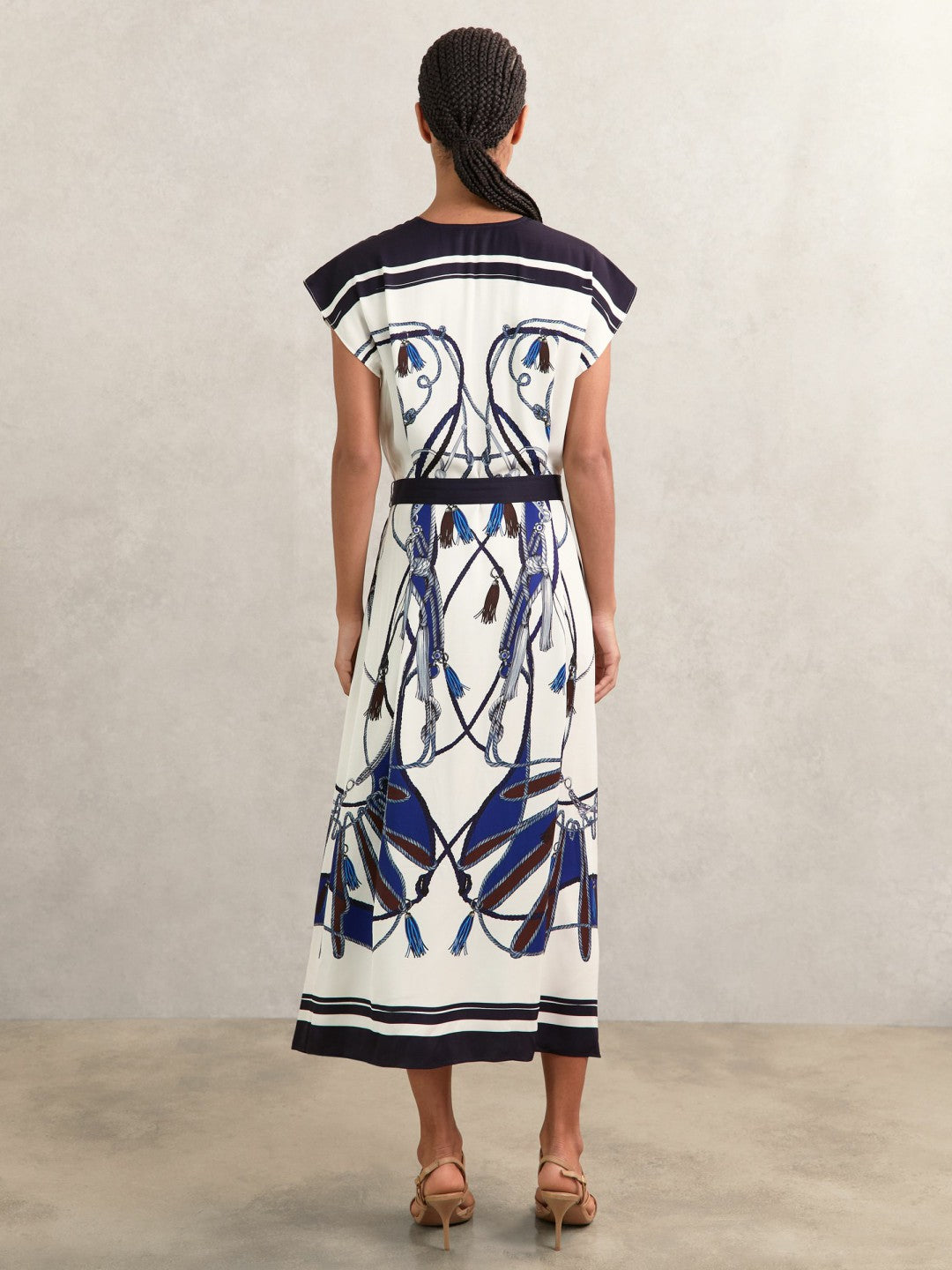 Reiss | Scarf-Print V-Neck Belted Midi Dress in Blue/Brown