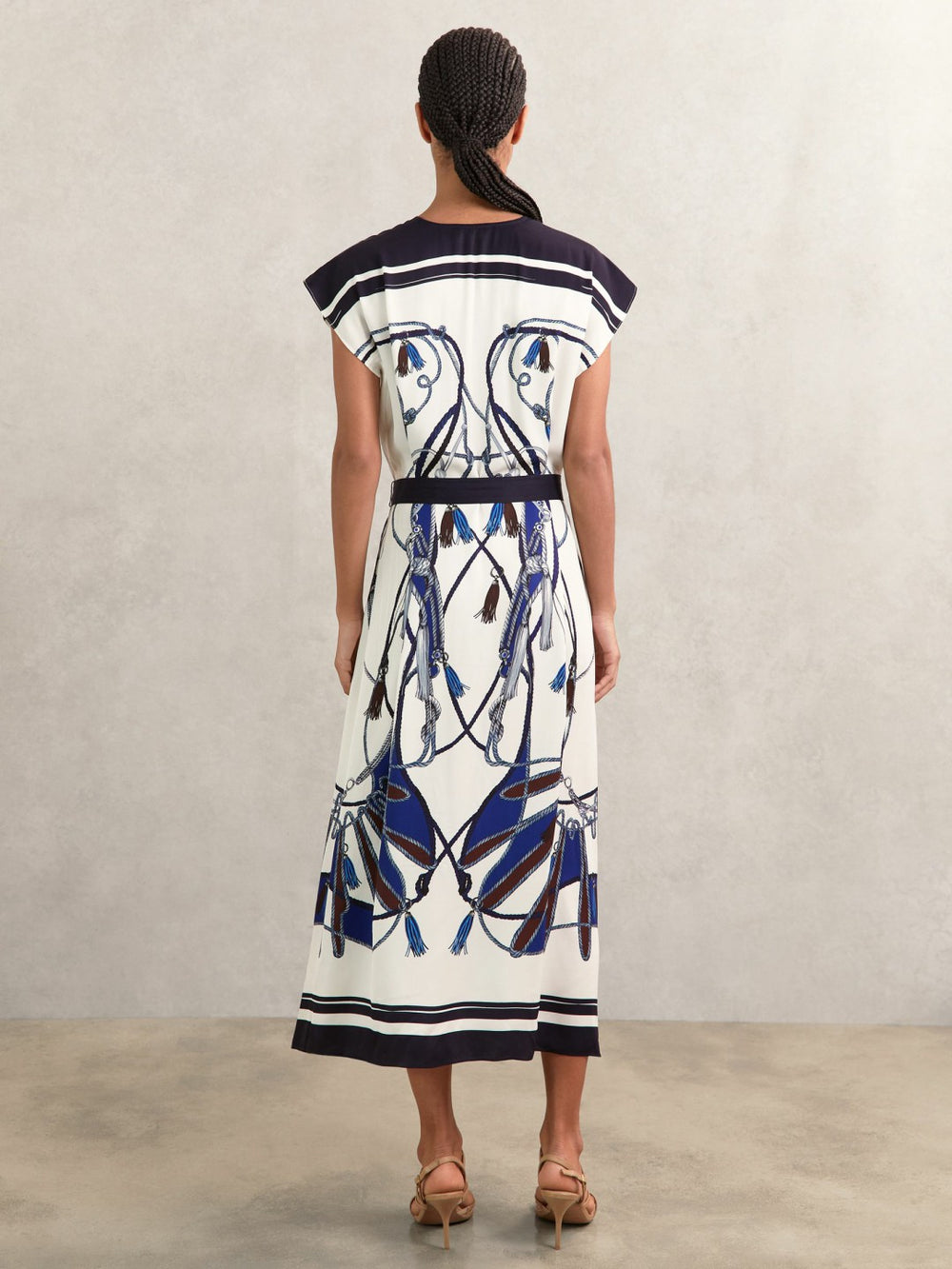 Reiss | Scarf-Print V-Neck Belted Midi Dress in Blue/Brown
