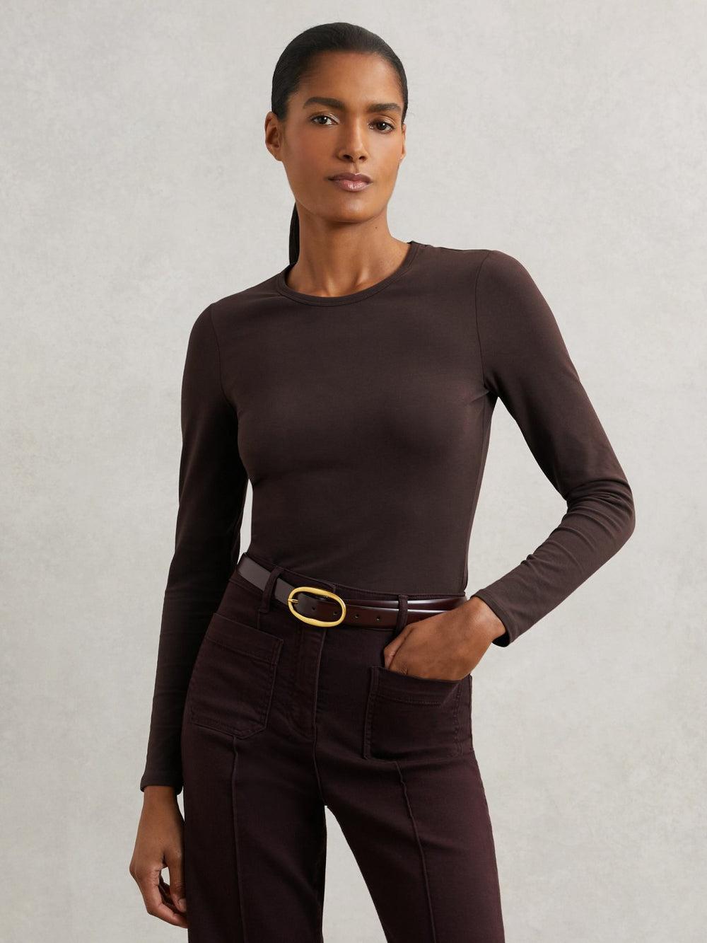 Reiss | Cotton Crew-Neck Long-Sleeve T-Shirt With Stretch in Plum Purple