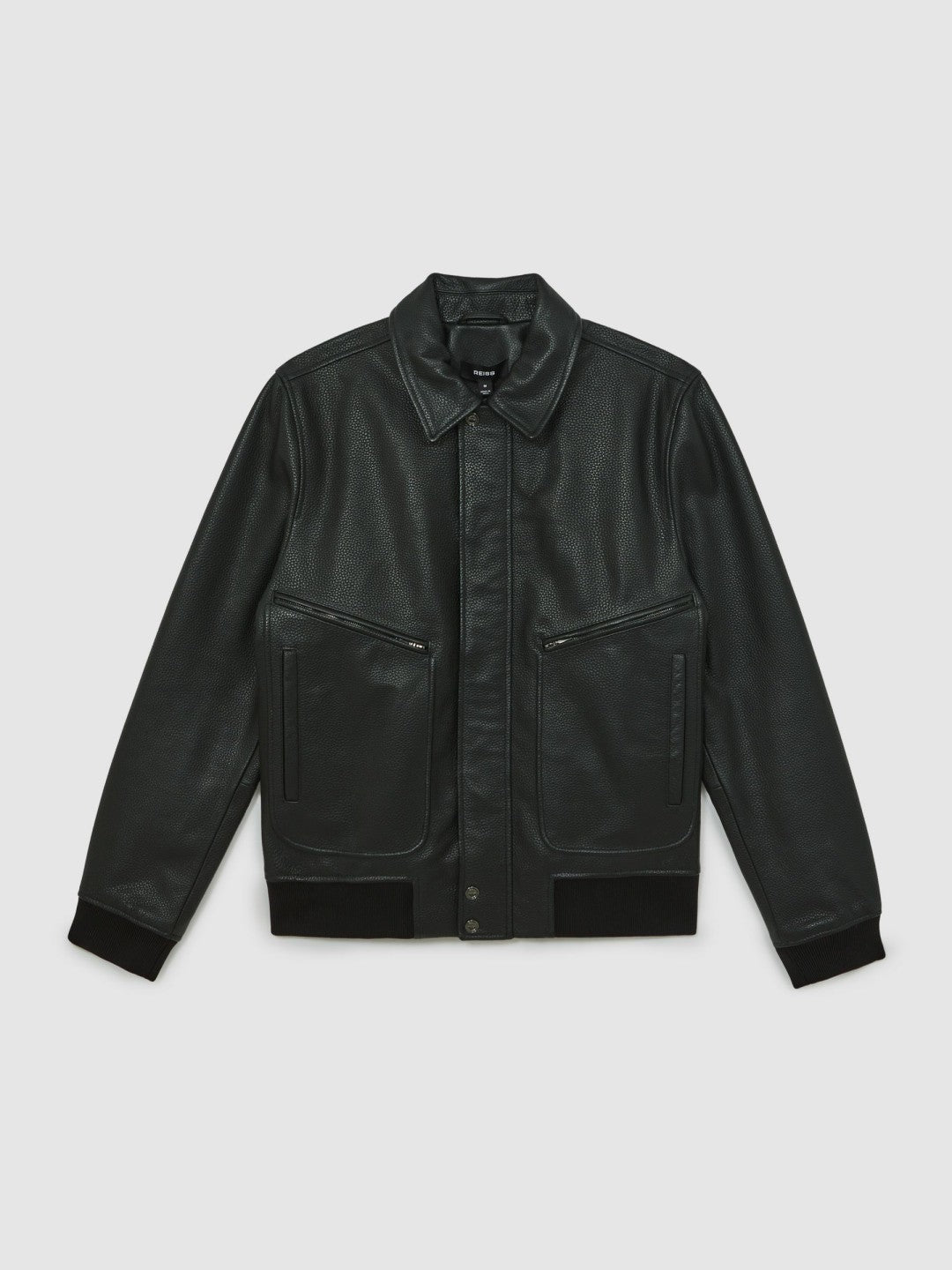Reiss | Grained Leather Zip Through Jacket in Black