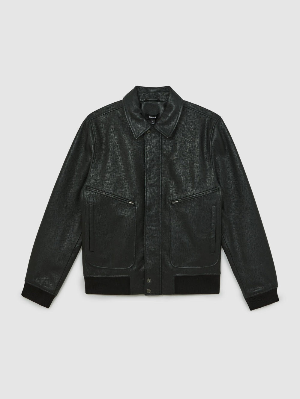 Reiss | Grained Leather Zip Through Jacket in Black
