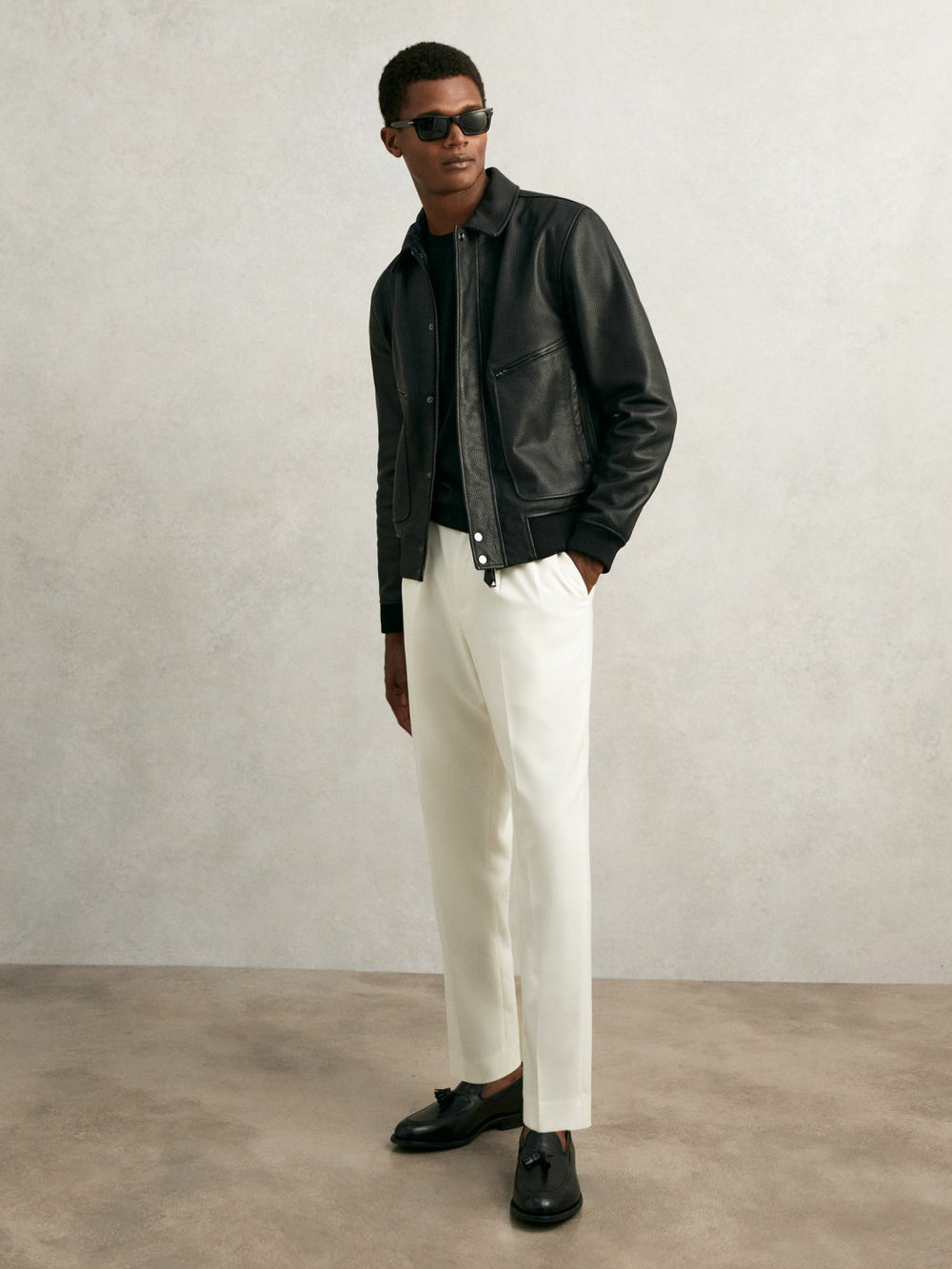 Reiss | Grained Leather Zip Through Jacket in Black