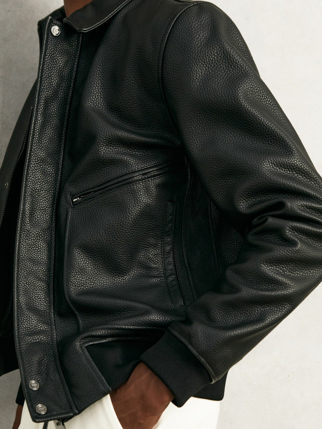 Reiss | Grained Leather Zip Through Jacket in Black