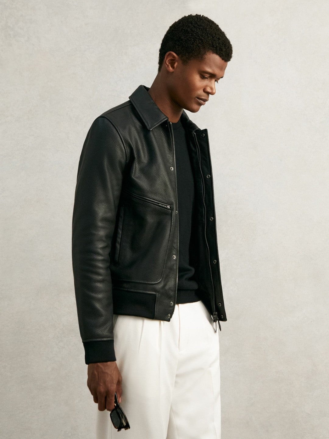Reiss | Grained Leather Zip Through Jacket in Black