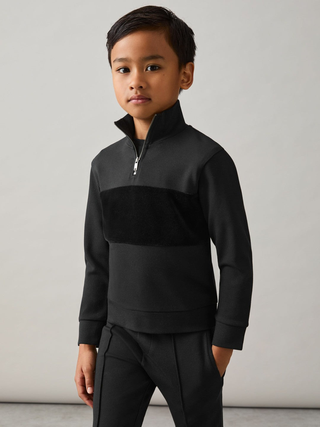Reiss | 9-13 yrs Interlock Velour-Panel Zip Sweatshirt in Black