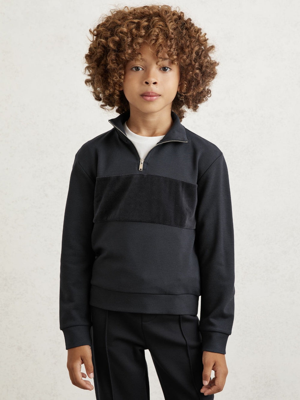 Reiss | 9-13 yrs Slim Fit Half-Zip Funnel Neck Velour Sweatshirt in Navy Blue