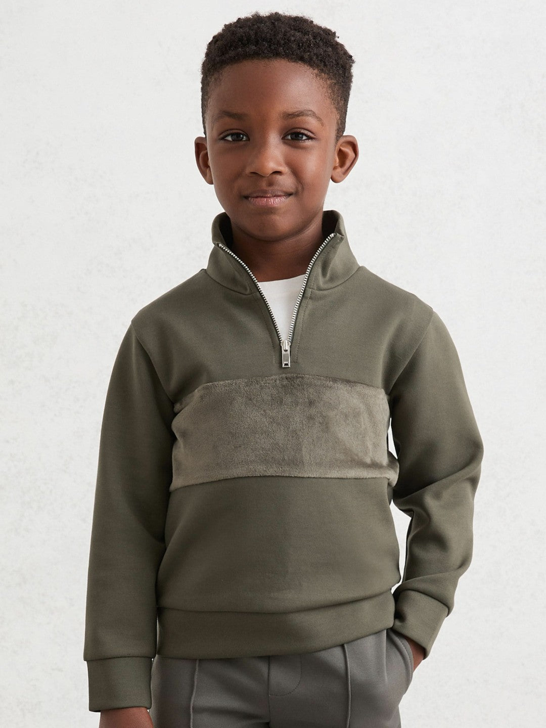 Reiss | 3-9 yrs Slim Fit Half-Zip Funnel Neck Velour Sweatshirt in Dark Sage Green