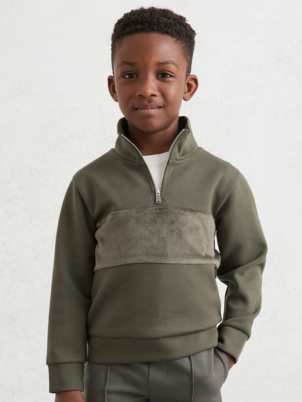 Reiss | 3-9 yrs Slim Fit Half-Zip Funnel Neck Velour Sweatshirt in Dark Sage Green