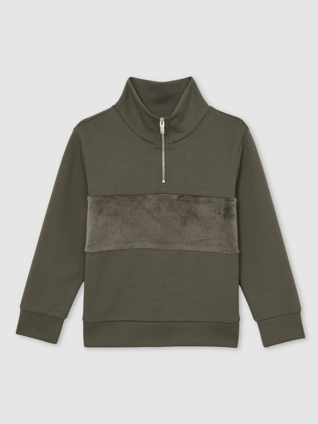 Reiss | 3-9 yrs Slim Fit Half-Zip Funnel Neck Velour Sweatshirt in Dark Sage Green