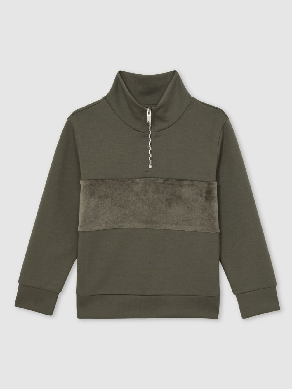 Reiss | 3-9 yrs Slim Fit Half-Zip Funnel Neck Velour Sweatshirt in Dark Sage Green