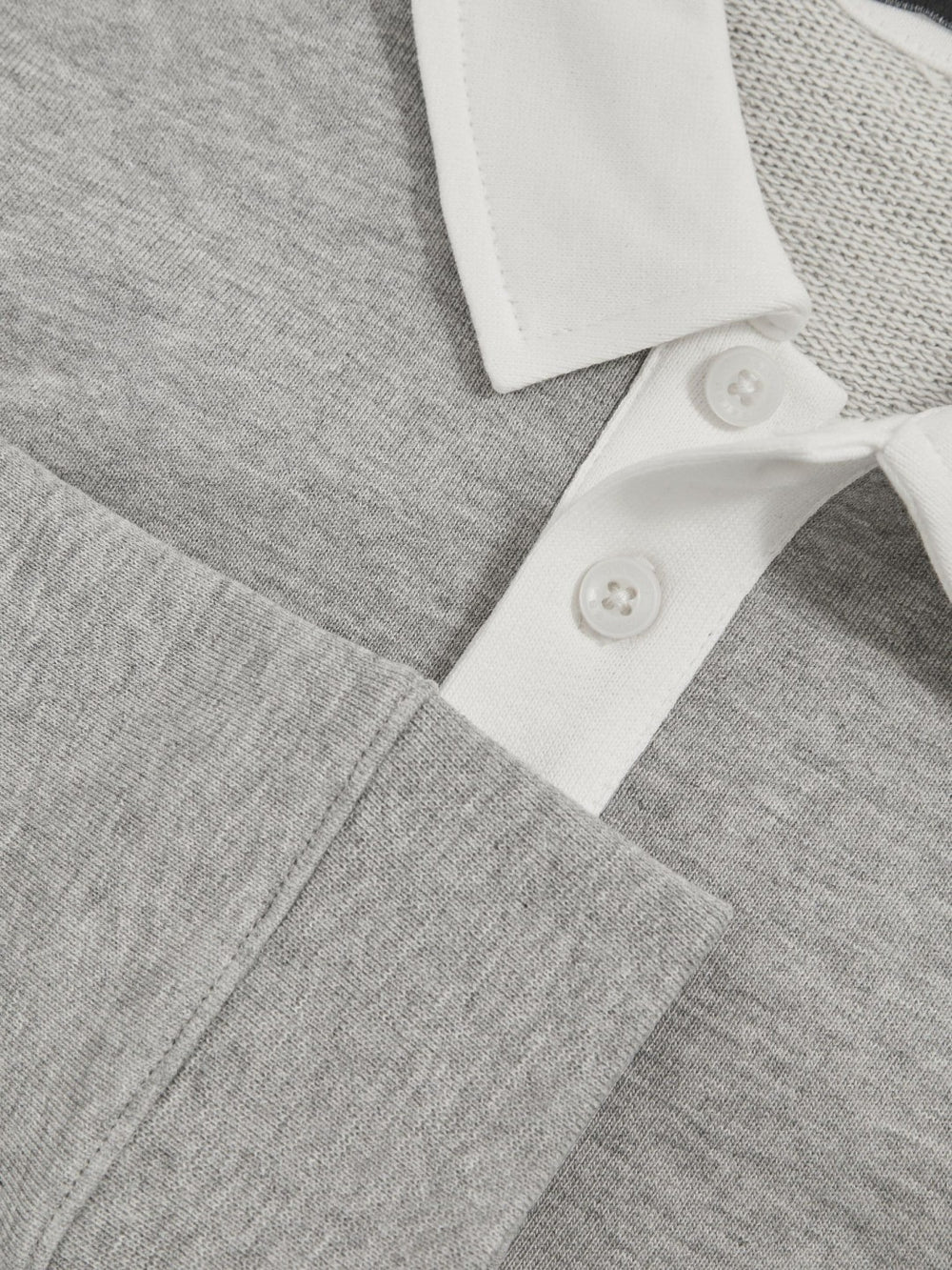 Reiss | Cotton Half Button Rugby Polo Shirt in Grey Marl/White