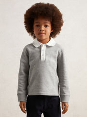 Reiss | Cotton Half-Button Rugby Polo Shirt in Grey Marl/White