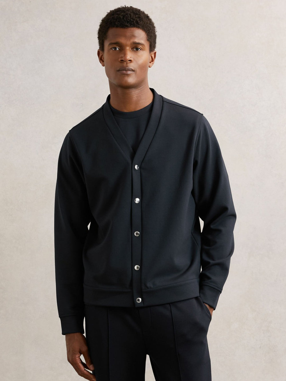 Reiss | V-Neck Interlock Jersey Cardigan in Navy